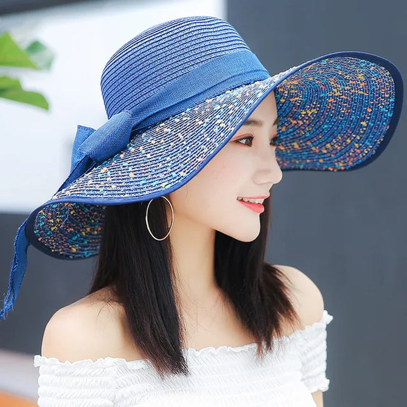 Summer Female Sun Hats Women Colorful Big Brim Straw Hat Bow Floppy Wide Brim Beach Cap Lady UV Protected Hat Big Size 58-60Cm