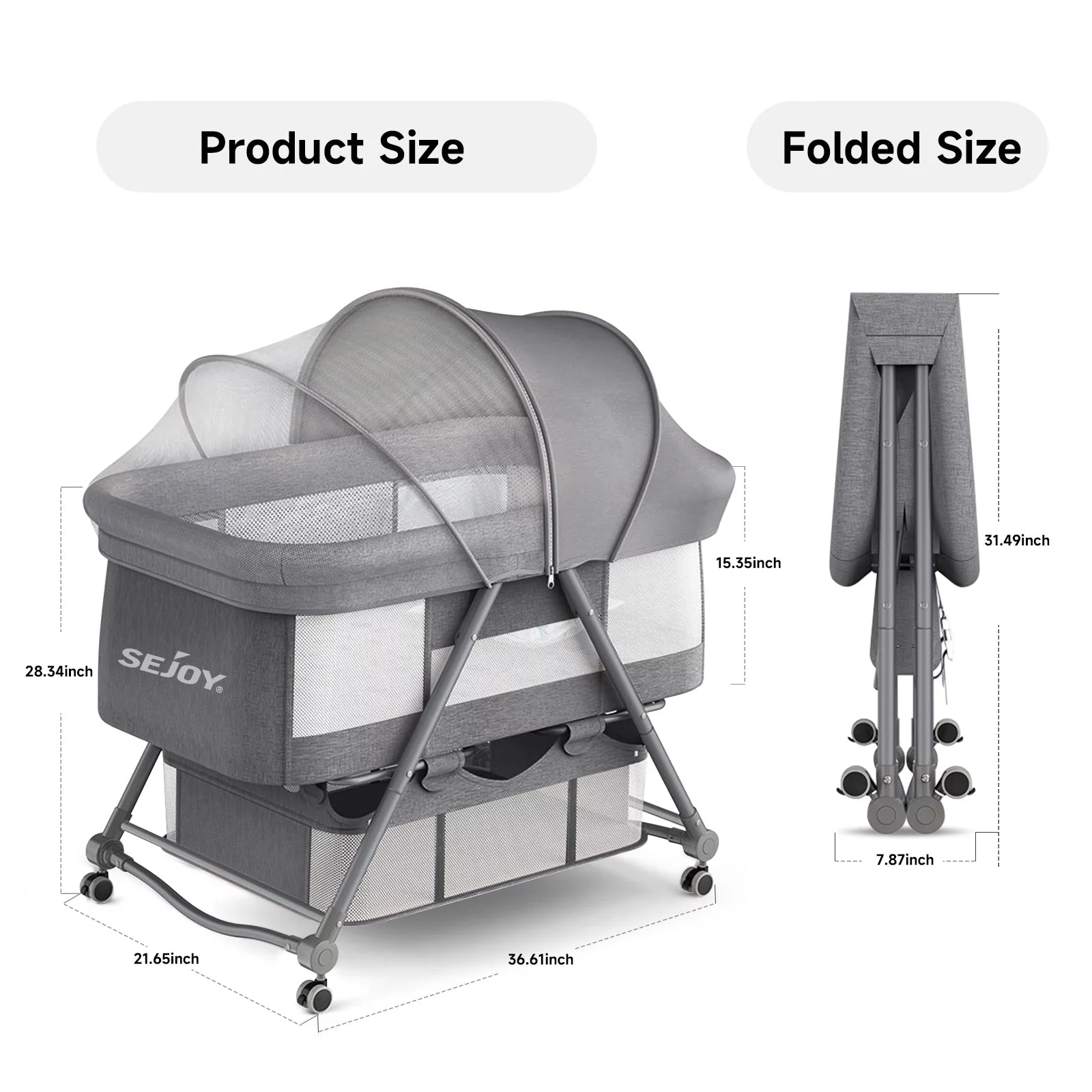 Sejoy 2 in 1 Bedside Bassinet for Baby, Bassinet Bedside Sleeper with Grocery Basket & Mosquito Net, Quick-Fold Travel Bassinet Crib for Newborn Girl Boy Infant with Wheel,Grey