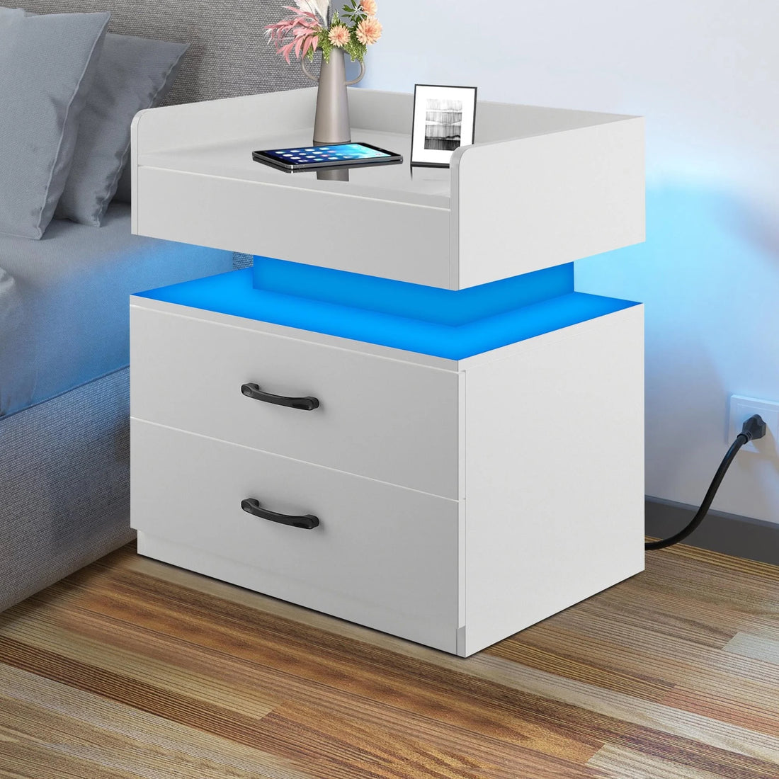 Irerts Side Table with Charging Station, Wood Nightstand with Drawers and LED Lights, Bedside Table with Plug Outlets, 2 USB Ports, Modern End Side Table for Bedroom Living Room Office, White