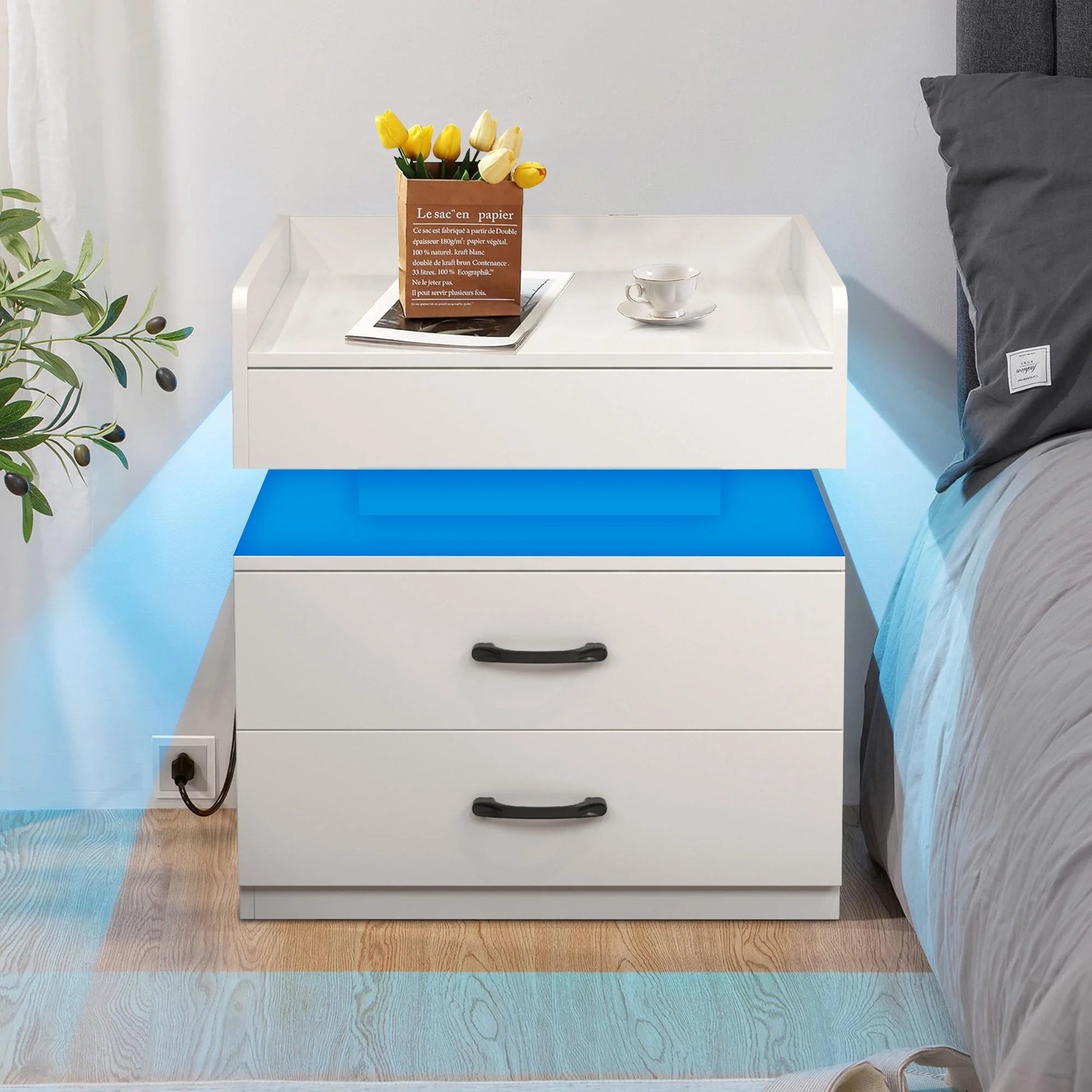 Irerts Side Table with Charging Station, Wood Nightstand with Drawers and LED Lights, Bedside Table with Plug Outlets, 2 USB Ports, Modern End Side Table for Bedroom Living Room Office, White