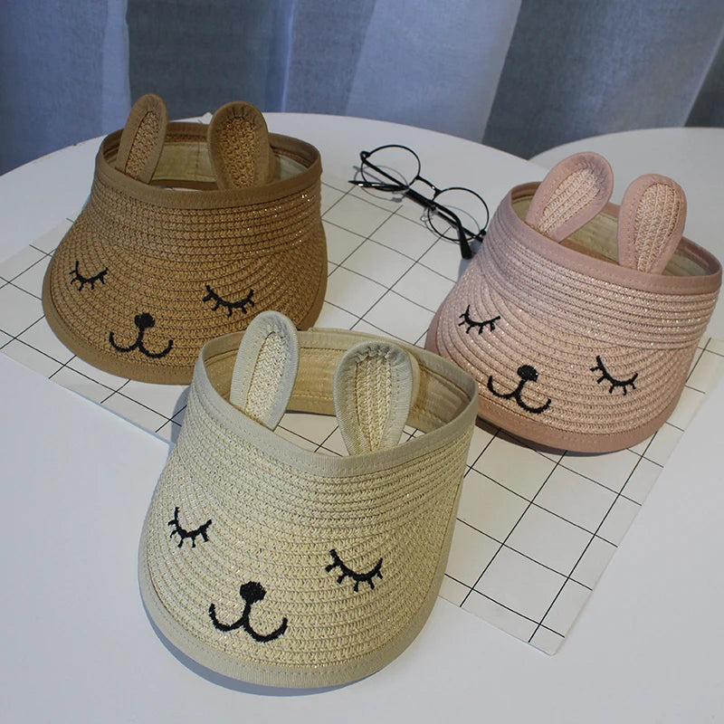 Kids Summer Sun Hats Boys Girls Foldable Straw Hat Empty Top Cute Rabbit Ear Sunscreen Beach Hat