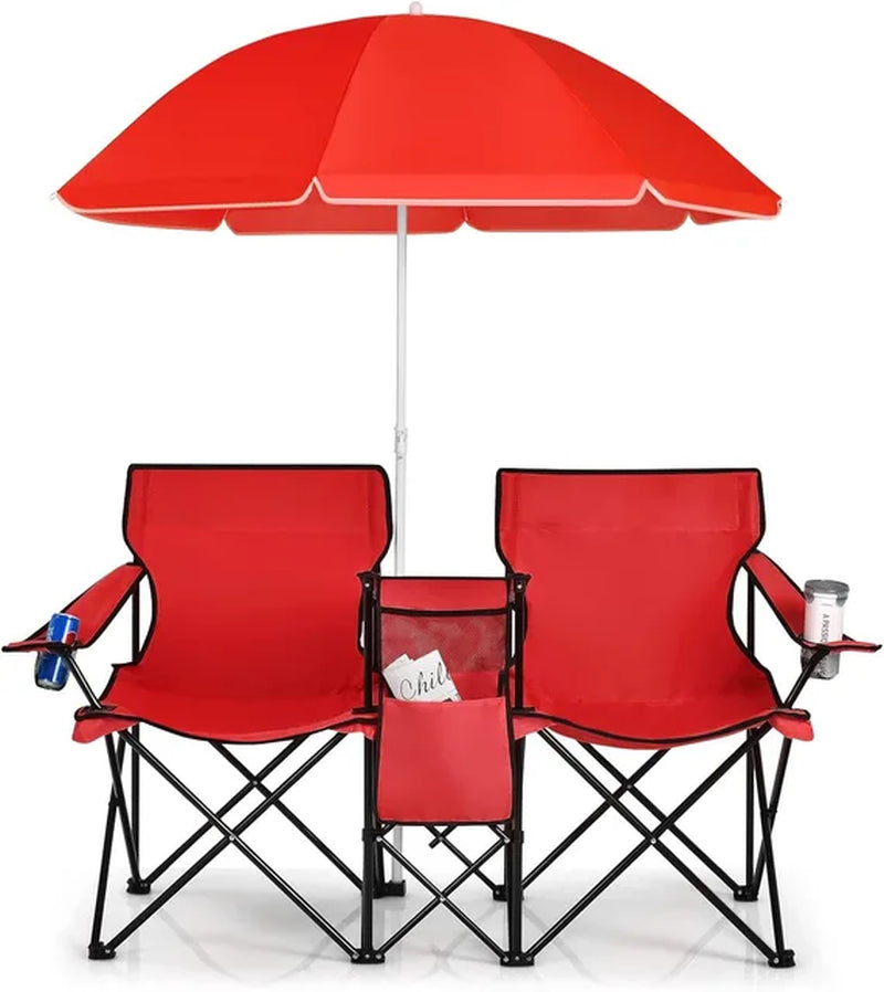 Outdoor Portable Folding Double Chair with Umbrella, Table, and Cooler - Ideal for Picnics, Beach, Camping, Patio, Pool, and Park