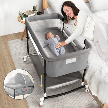 Baby Bassinet, 4 in 1 Adjustable Infant Bedside Crib Beds with Changing Table, Storage Basket, Wheel, Mosquito Net, for 0-24 Months, Gray