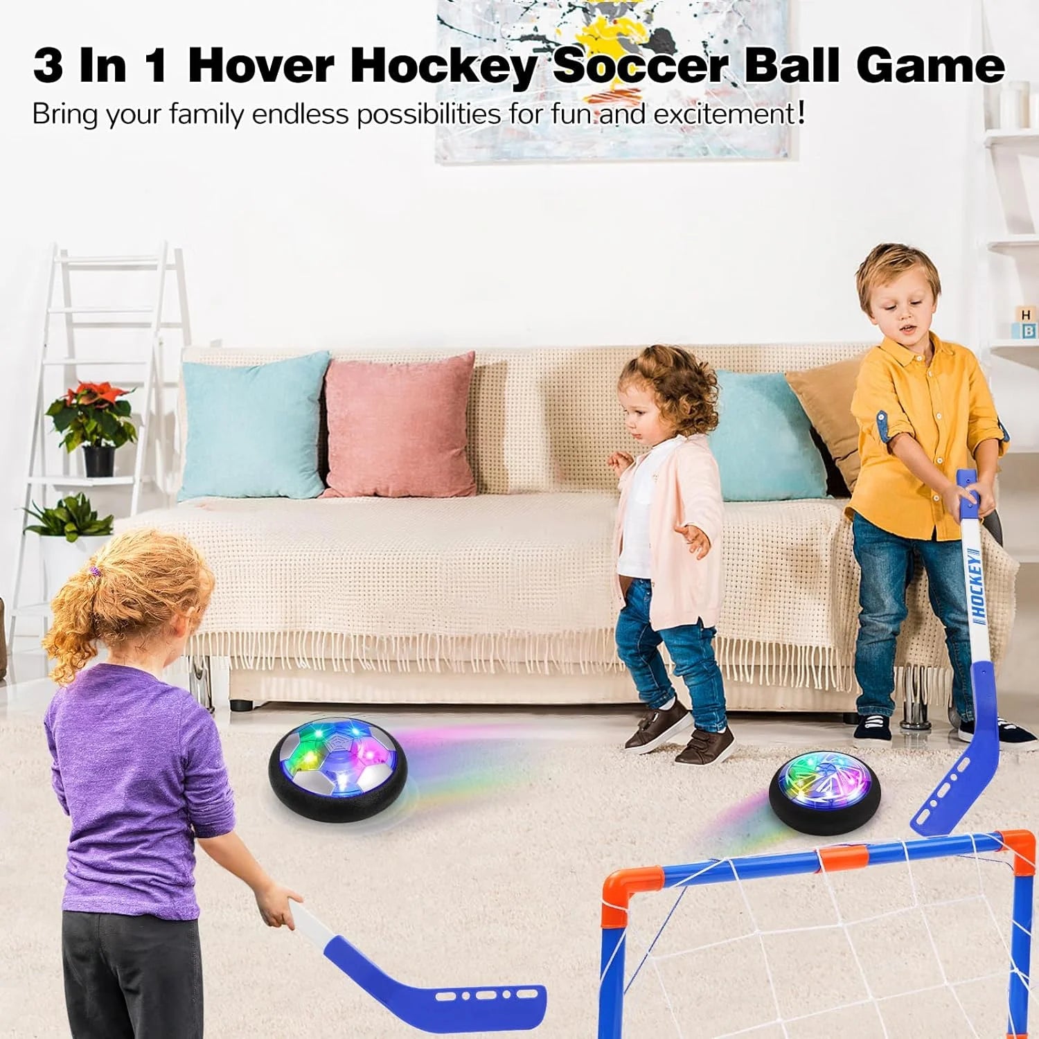 Hover Soccer Ball, 3-In-1 Hover Hockey Ball Kids Toys Set, Indoor and Outdoor Sports Games Toys for Kids Ages 3 4 5 6 7 8-12 - Rechargeable LED Soccer Games Toys for 3-12 Year Old Boys