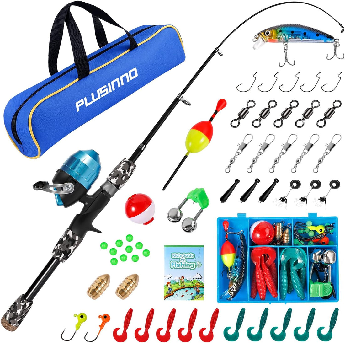 PLUSINNO Kids Fishing Pole with Spincast Reel Telescopic Fishing Rod Combo Kit for Youth and Adults