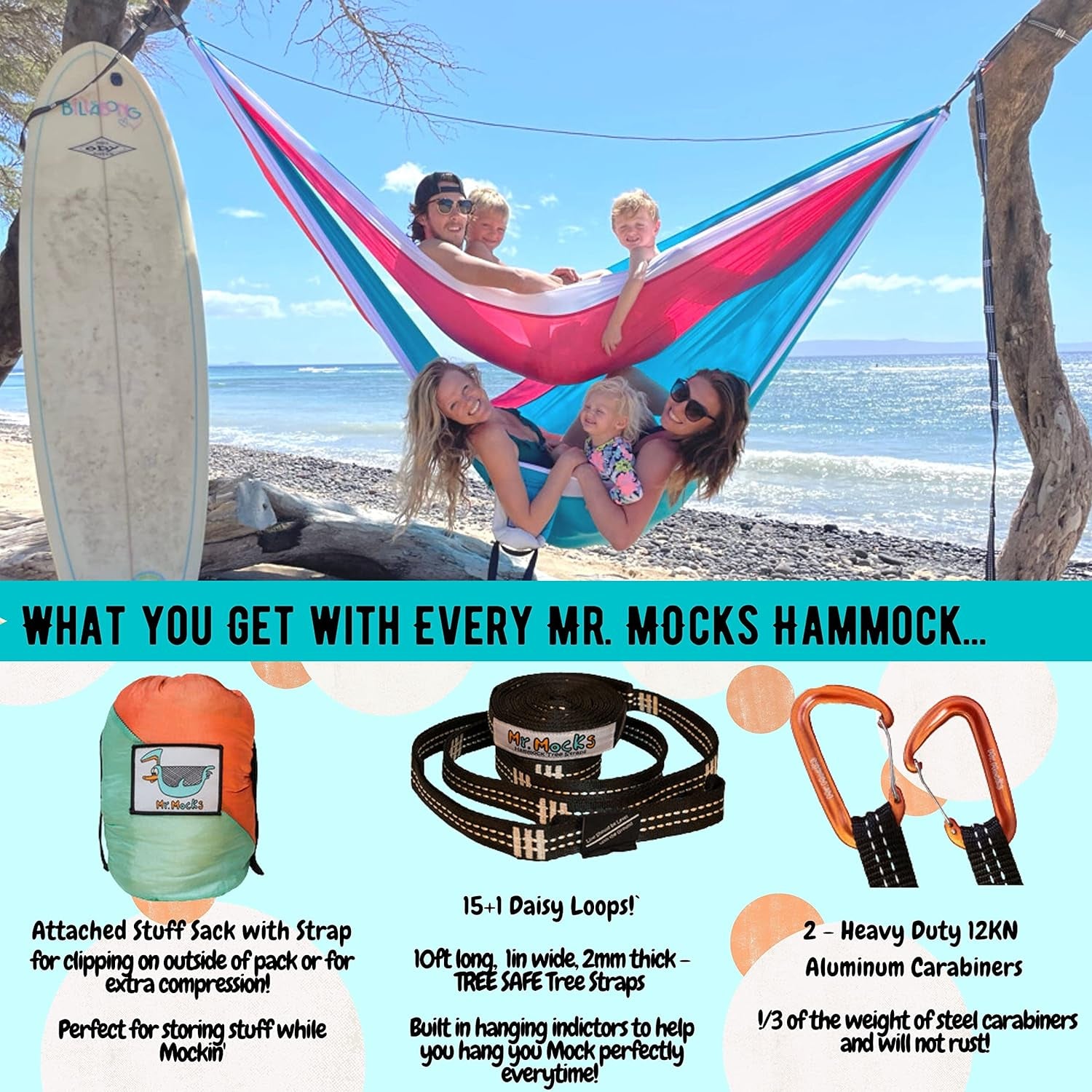 Single, Double, Triple Hammock, Light Weight Tree Straps, Aluminum Carabiners, Water Resistant Parachute Nylon, Easy Stuff Sack, Great Travel Camping Mock (Just Peachy, Double)