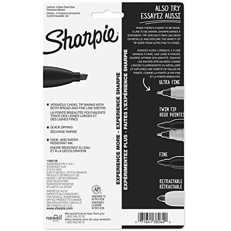 Sharpie 38264PP Permanent Markers Chisel Tip Black 4 Count